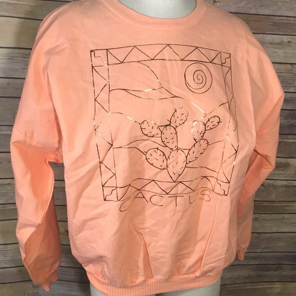 Vintage peach orange long sleeve pullover gold cactus graphic top ONE SIZE